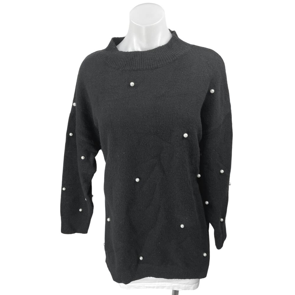 Fore Women's Black Long Sleeve Pearl Beaded Knit Mock Neck Sweater Tunic Top S